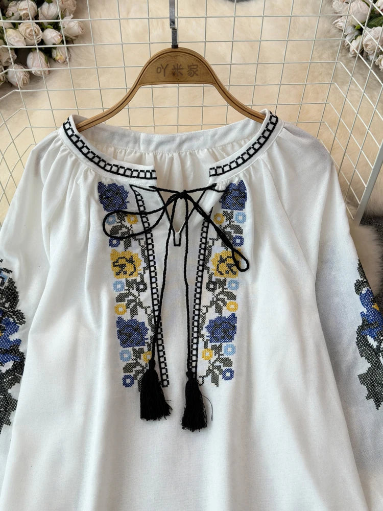 2026 Spring Retro Embroidered Shirt Top Female Lace Up Tassel Loose Lantern Sleeves Ethnic Style Blouse Female A70