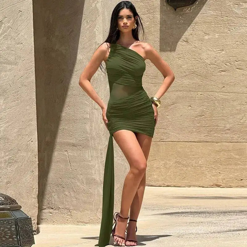 Avrilyaan Mesh Patchwork Backless Sexy Dress Women 2025 Nightclub Party Dress One-Shoulder Ruched Bodycon Mini Summer Dress