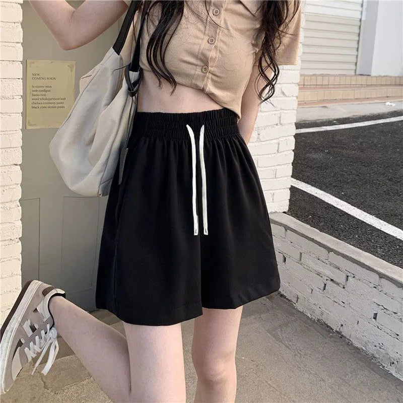 Xpqbb Summer Black Shorts for Women Casual Loose Elastic Waist Sports Shorts Woman Korean Street Drawstring Wide Leg Short Pants