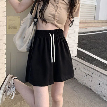 Xpqbb Summer Black Shorts for Women Casual Loose Elastic Waist Sports Shorts Woman Korean Street Drawstring Wide Leg Short Pants