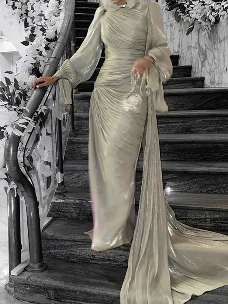Fashion Lantern Sleeves Autumn Party Dress 2025 Elegant Solid Color Lace Up Dress Ladies O-neck High Waisted Pleated Long Dress