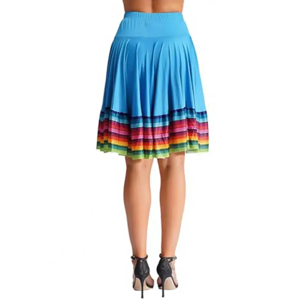 Midi Skirt Ladies Folk Dance Skirt Elastic High Waist Spanish Swing Skirt Rainbow Large Swing Hem Mexican Flamenco Dance Skirts