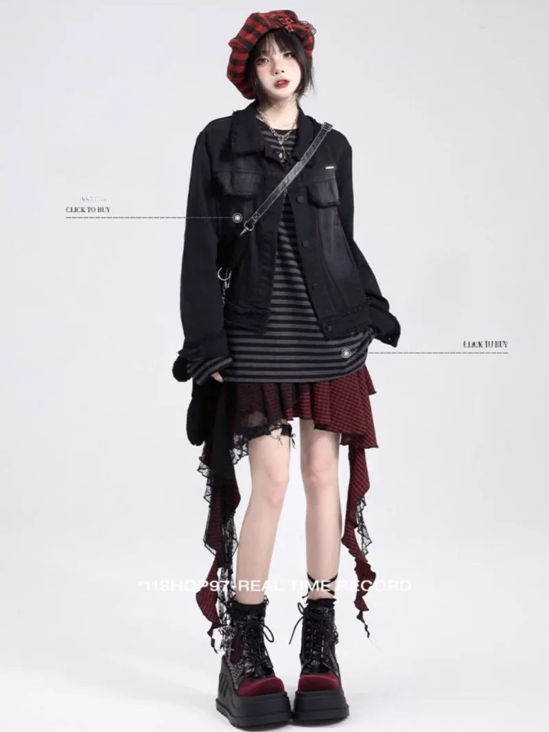 Y2K Skirts for Women Japanese Sweet Harajuku Mujer Faldas Punk Irregular Aesthetic Skirt Gauze Patch Plaid Vintage Faldas