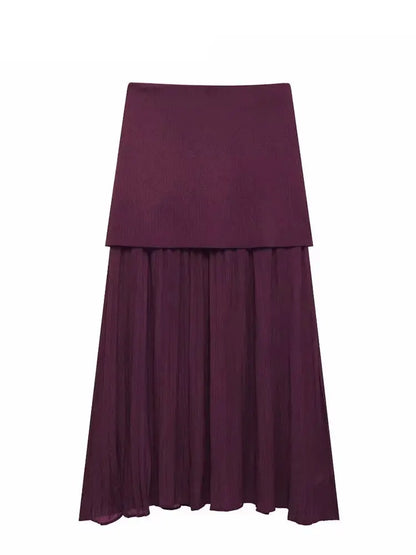 HH Elegant Midi Skirt For Women Fashion Solid A-line High Waist Pleated Side Zipper Long Skirt Vintage Skirts Chic Bottom