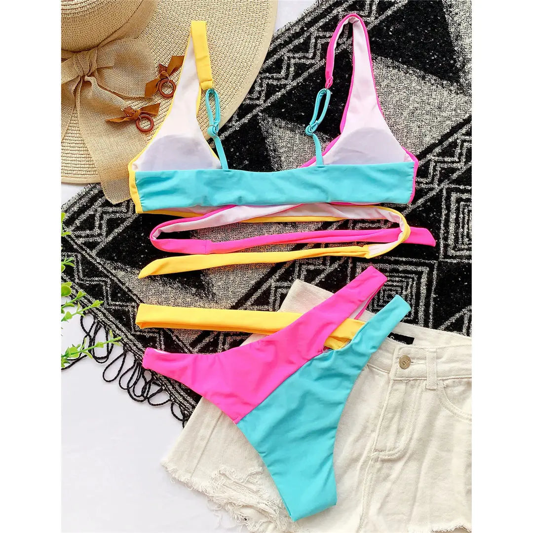 S -XL Splicing Bikini Female Swimsuit Women Swimwear Two-piece Bikini set Asymmetric Mid Waist Bather Bathing Suit Swim V2423