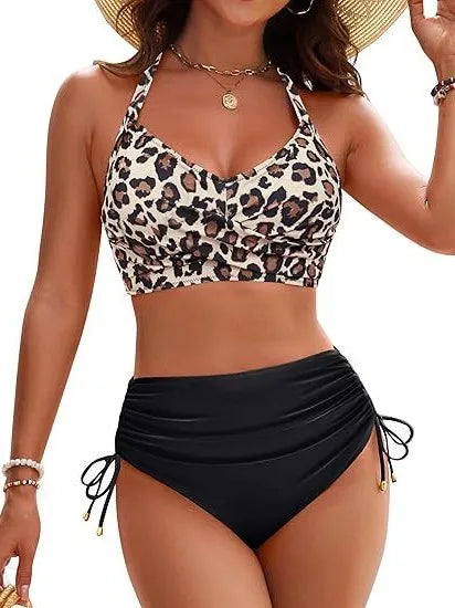 Circyy Backless Swimsuit Women Cheetah Print Fashion Bikini Set High Waisted Drawstring Split Swimsuit Summer 2025 New Beachwear