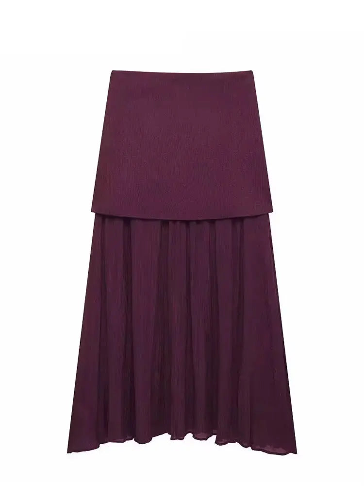 HH Elegant Midi Skirt For Women Fashion Solid A-line High Waist Pleated Side Zipper Long Skirt Vintage Skirts Chic Bottom