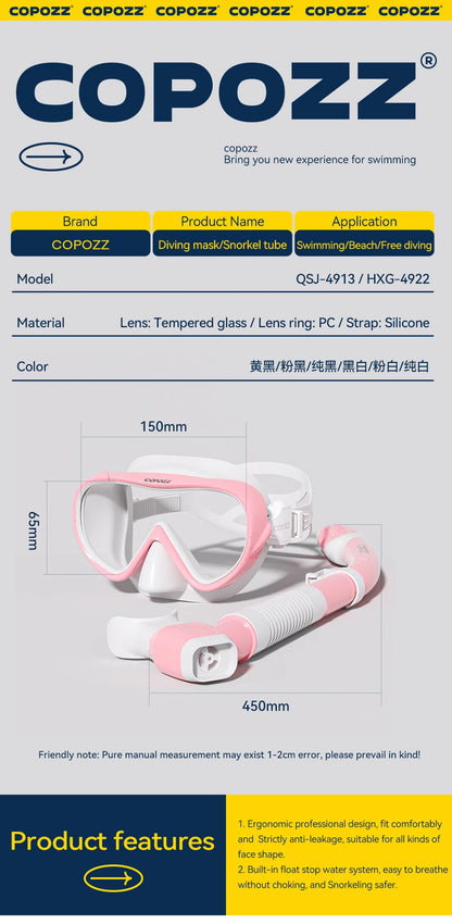 COPOZZ Professional  Diving Mask Full Vision Mask Underwater Snorkel Mask Set Swimming Snorkel HD Anti Fog Diving Equipment