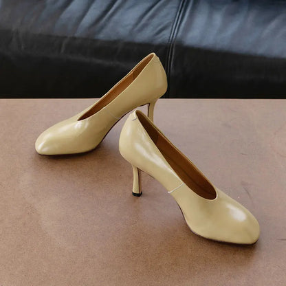 Woman Shoes Sexy Heeled For Retro Pumps French Style Leather Pumps Slip On European Spring High Heels Handmade Vintag Dress Pump