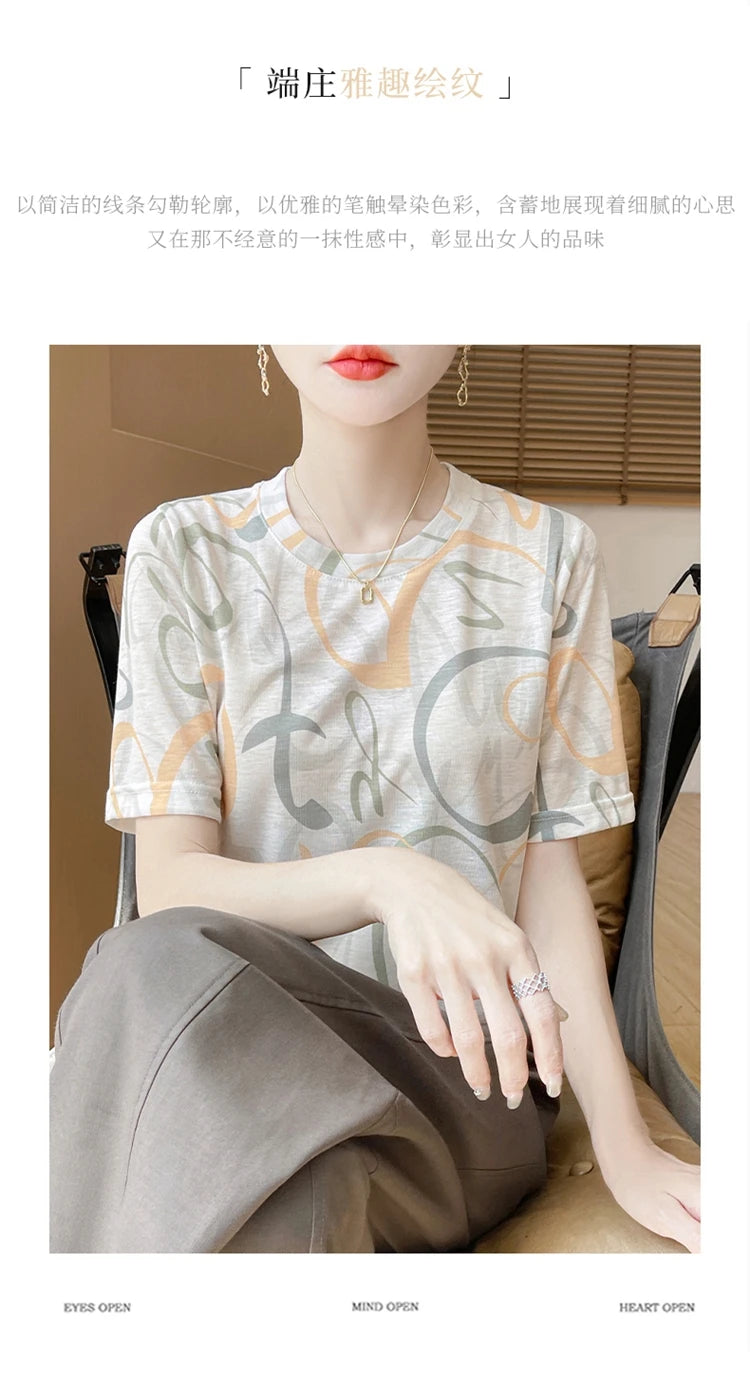 Spring And Summer New Lyocell Short Sleeve Sweater Loose Thin Half Sleeve T-shirt Printed Top