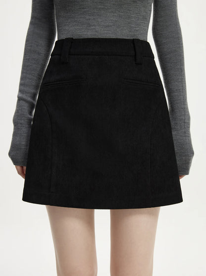 FSLE【2 Colors】Women Mini Skirts Zipper Waist Retro Brown Corduroy Above-Knee Length A-LINE Skirts Winter Black Bottom 24FS14555