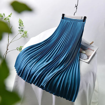 Womens Chic Pleated Swing Long Skirt with Liner Korean Fashion Kawaii Elastic High Waist OL Chiffon Shirring Mermaid Skirts K77