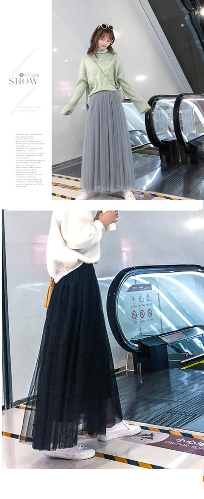 Women Mesh Elastic Tutu Skirt Beach Spring Summer Korean High Waist Fashion Pleated Long Skirt Black White Tulle Skirts LSK010