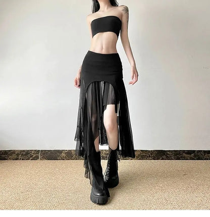 Deeptown Vintage Sexy Slit Skirt Women Y2k Elegant Irregular Sweet Ruffle Skirts Korean Style Tulle Streetwear Layered Skirts