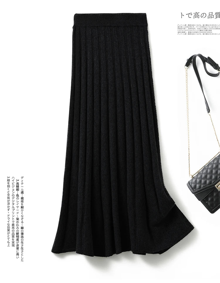 High-end 2022 Autumn/Winter New 100% Pure Wool Women's Thick Warm Elegant Pleated Skirt Fashion A Line Knitted Skirt 4 Colors