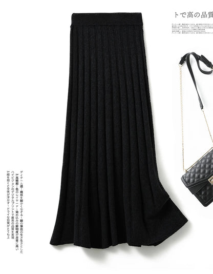 High-end 2022 Autumn/Winter New 100% Pure Wool Women's Thick Warm Elegant Pleated Skirt Fashion A Line Knitted Skirt 4 Colors