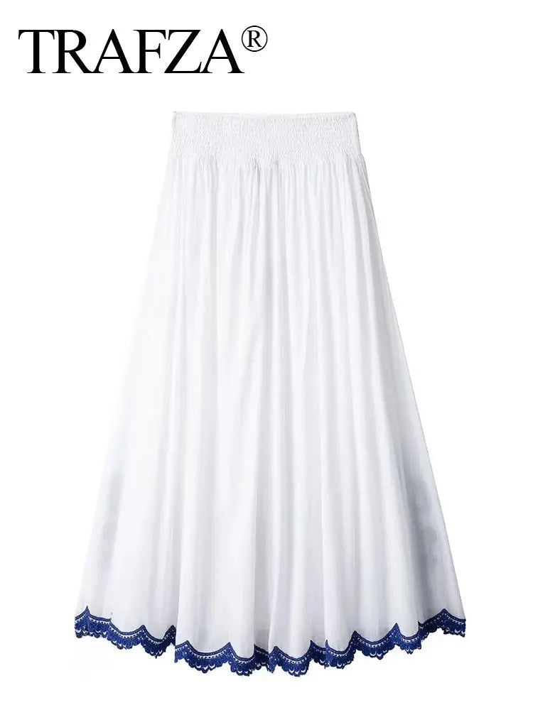 HH Blue Floral Embroidery Skirt For Women Fashion Casual Loose Elastic Waist Skirt Pleated Woman High Waist Midi Skirts