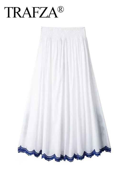 HH Blue Floral Embroidery Skirt For Women Fashion Casual Loose Elastic Waist Skirt Pleated Woman High Waist Midi Skirts