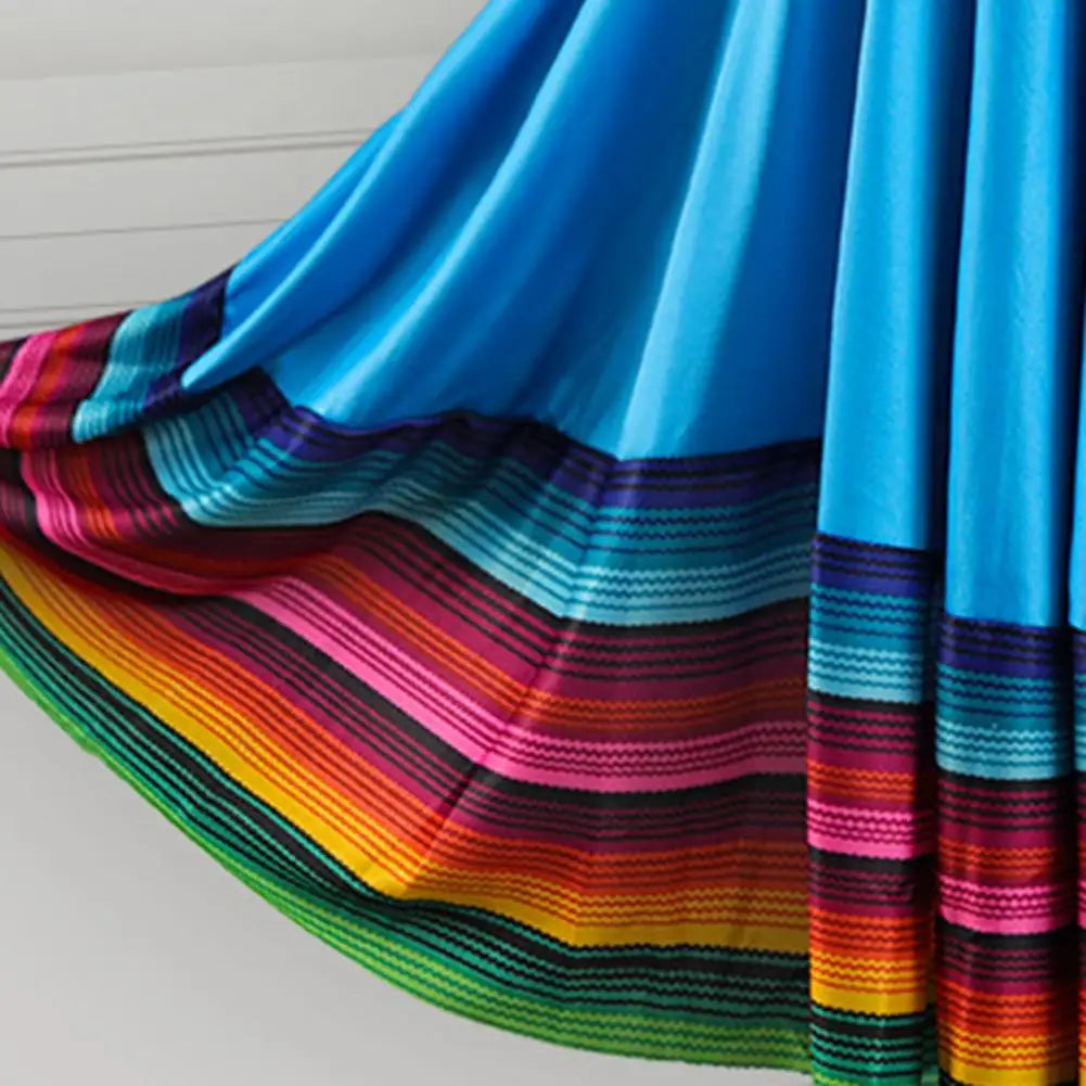 Midi Skirt Ladies Folk Dance Skirt Elastic High Waist Spanish Swing Skirt Rainbow Large Swing Hem Mexican Flamenco Dance Skirts