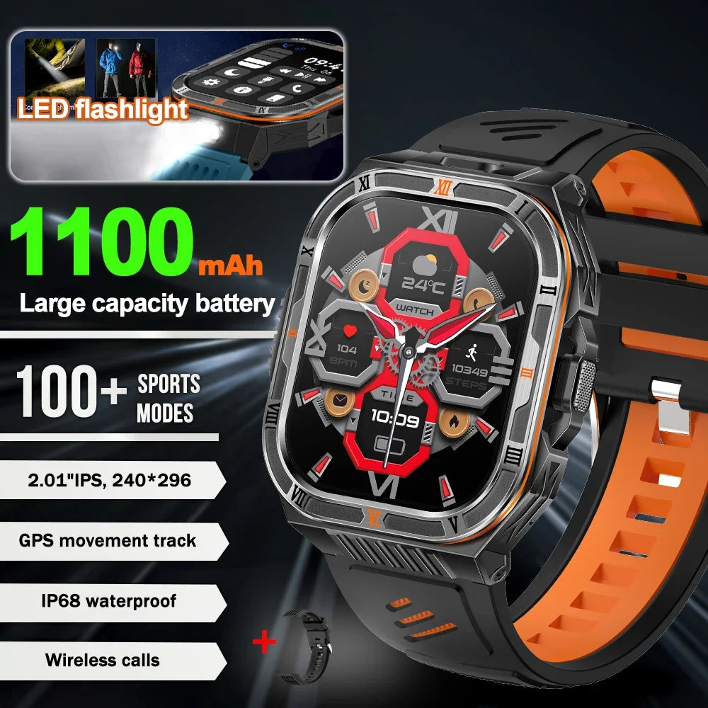 New 1100mAh Big Battery Smart Watch Men Outdoor Compass Bluetooth Call IP68 Waterproof Sports 2.01 Inch Flashlight Smart Watch