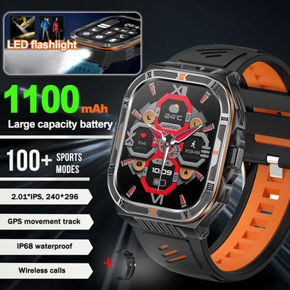 New 1100mAh Big Battery Smart Watch Men Outdoor Compass Bluetooth Call IP68 Waterproof Sports 2.01 Inch Flashlight Smart Watch