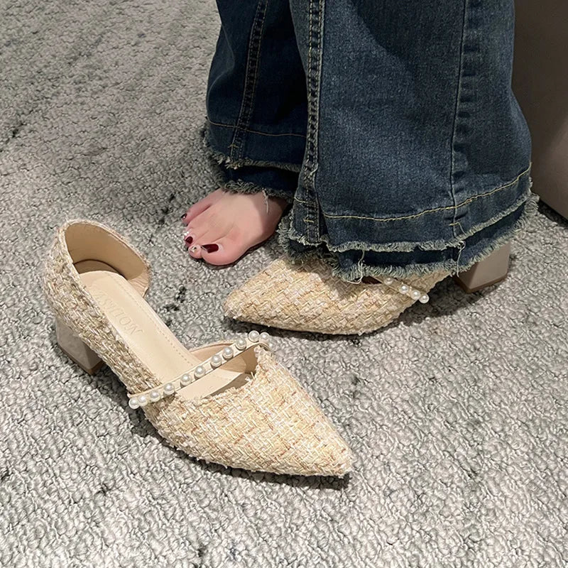 Woman Sexy High Heels New Elegant Wedding Dress Shoes Ladies Shallow Office Party Shoes Tweed Style Side Hollow Single Shoes