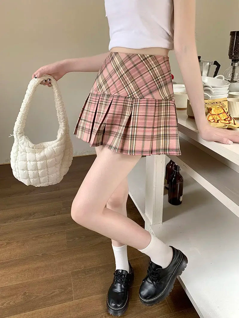 Women's High Waist Slim College Style A-shaped Anti-exposure Plaid Pleated Jk Skirt