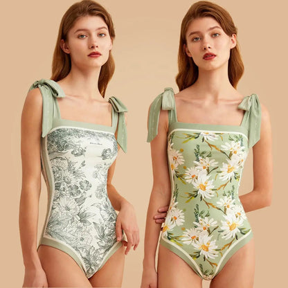 Y2K Fashion Women Floral One Piece Swimsuits Reversible Tie Shoulder Monokini Tummy Control Bathing Suits Square Neck Swimwear
