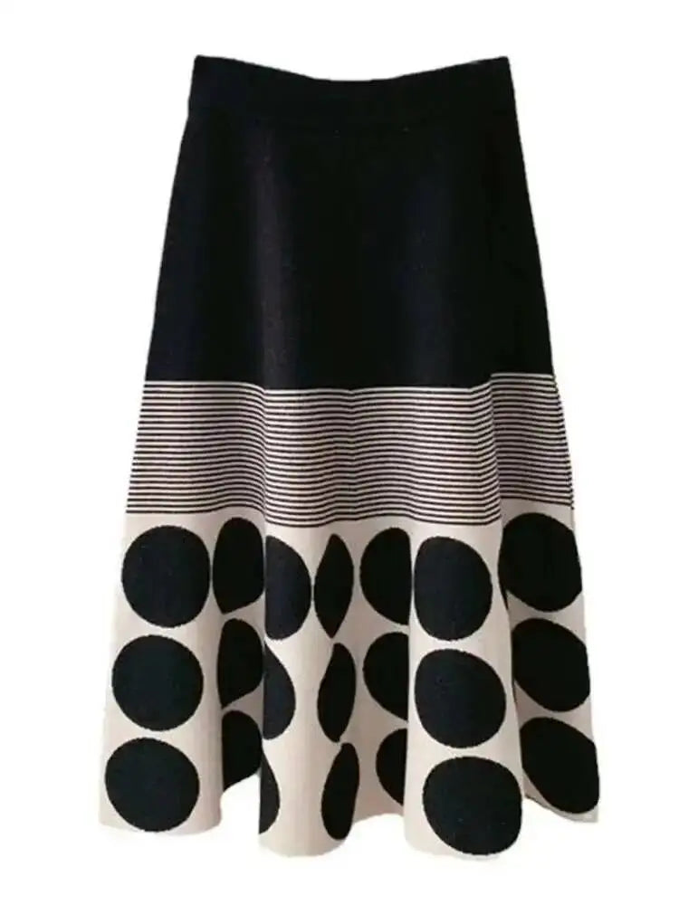 [EWQ]Japan Style Polka Dots Knitted High Waist Skirt Women's 2025 New Autumn Winter Oofice Lady Elastic A-line Pleated Midiskirt
