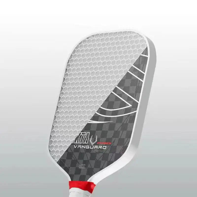 12K pickleball paddle with a 16mm polymer honeycomb core, designed for enhanced spin and power; black with white accents, includ