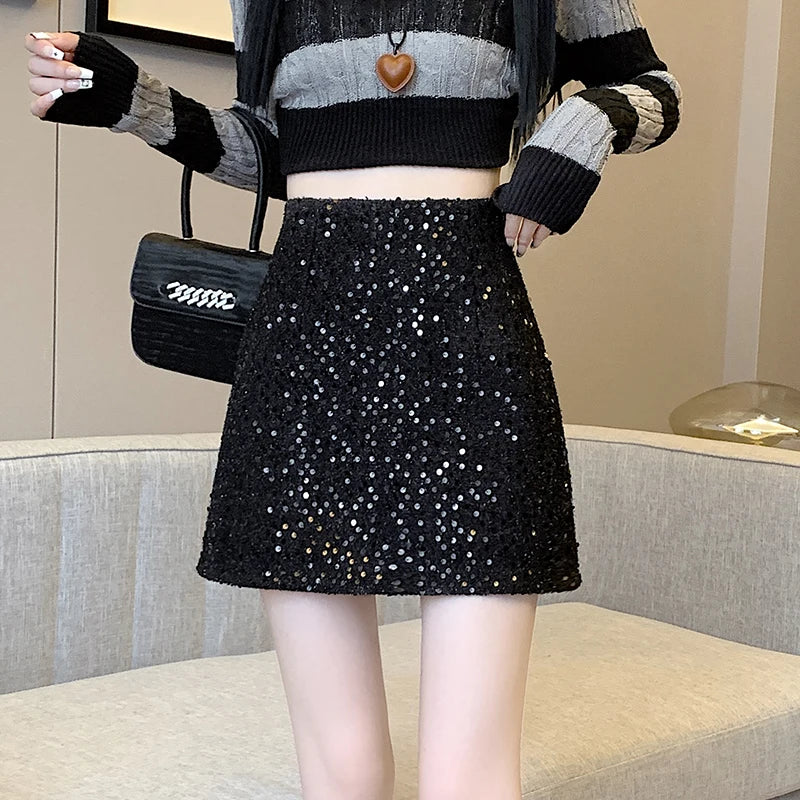 Fashion Y2K Streetwear Winter Mini Skirt Women Glitter Sequin Bodycon Tweed Skirts With Shorts A-Line Pink White Black Faldas