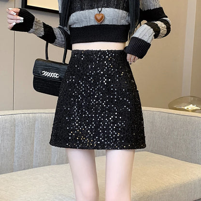 Fashion Y2K Streetwear Winter Mini Skirt Women Glitter Sequin Bodycon Tweed Skirts With Shorts A-Line Pink White Black Faldas