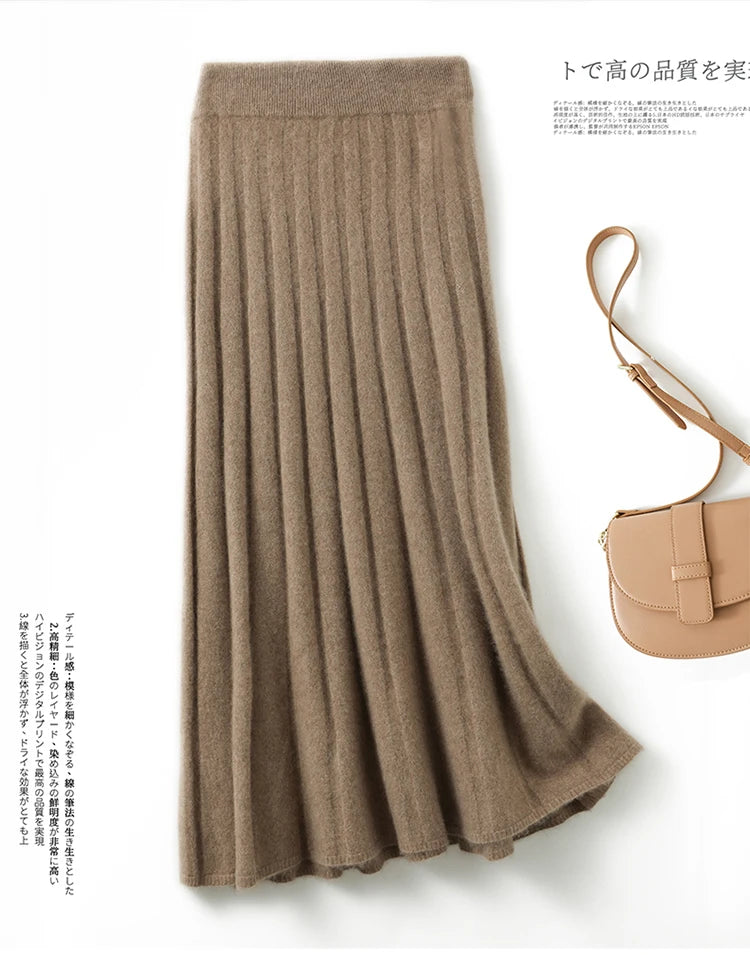 High-end 2022 Autumn/Winter New 100% Pure Wool Women's Thick Warm Elegant Pleated Skirt Fashion A Line Knitted Skirt 4 Colors