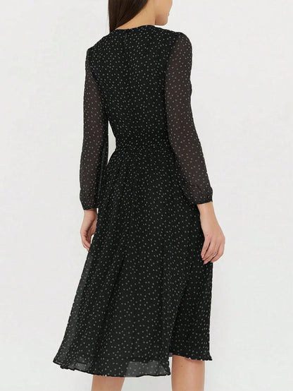 Print Dot Dress Women Casual Long Sleeve Round Neck Midi Dresses Lace Up Vocation Elegant Vestidos Summer 2025 Y2k Streetwear