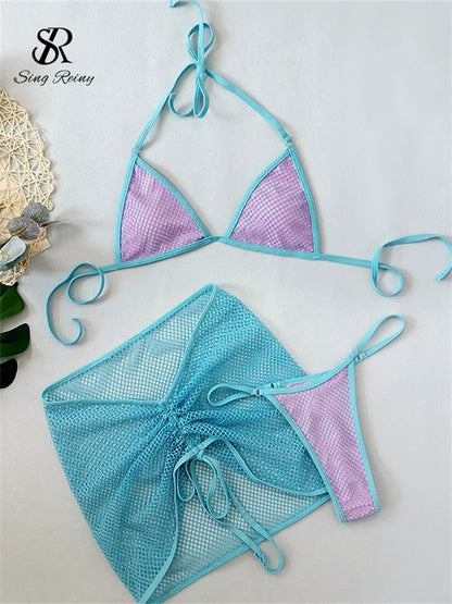 SINGREINY Mesh Sheath Sexy Bikini Sets Female Mini Camis Briefs+Short Skirt Set Fashion Drawstring Sensual Beach 3 Pieces Suits