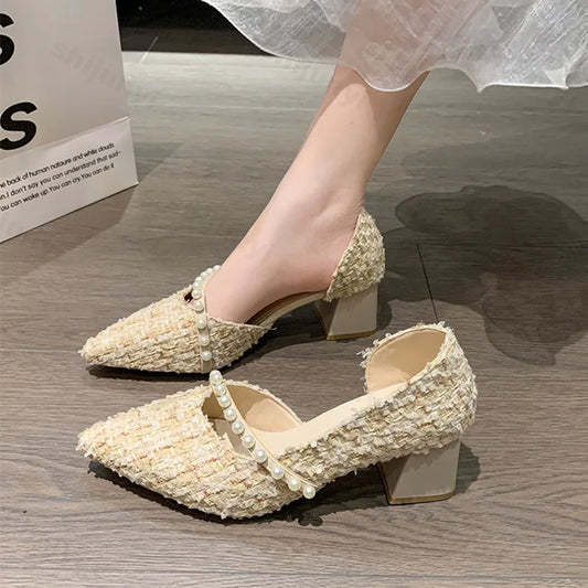 Woman Sexy High Heels New Elegant Wedding Dress Shoes Ladies Shallow Office Party Shoes Tweed Style Side Hollow Single Shoes