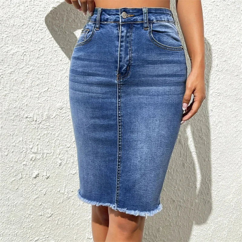 Fashion High Waist Denim Skirt Women Tassel Decoration Hem Wrap Hip Half-body Dress Female Summer Daily Casual Trend Streetwear