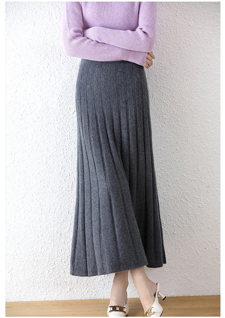 High-end 2022 Autumn/Winter New 100% Pure Wool Women's Thick Warm Elegant Pleated Skirt Fashion A Line Knitted Skirt 4 Colors
