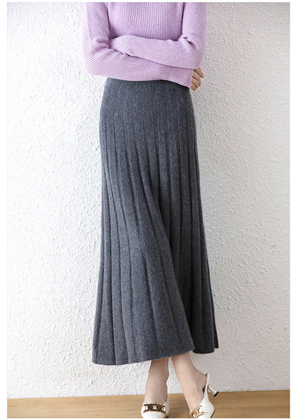 High-end 2022 Autumn/Winter New 100% Pure Wool Women's Thick Warm Elegant Pleated Skirt Fashion A Line Knitted Skirt 4 Colors