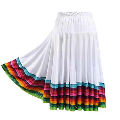 Midi Skirt Ladies Folk Dance Skirt Elastic High Waist Spanish Swing Skirt Rainbow Large Swing Hem Mexican Flamenco Dance Skirts