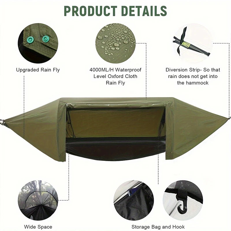 Camping Hammock Tent With Mosquito Net And Rain Fly For 1 Persons Backpacking Bed Lightweight Waterproof Hiking Backyard Outdoor