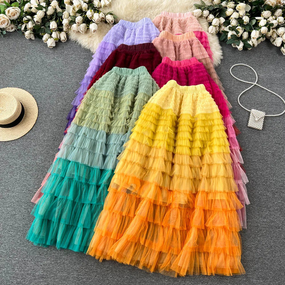Voille Skirts Women Gradient Y2k High Waist Elastic Jupe Ladies Tulle Mujer Faldas Ruffles Long Female Mesh Skirt Dropshipping