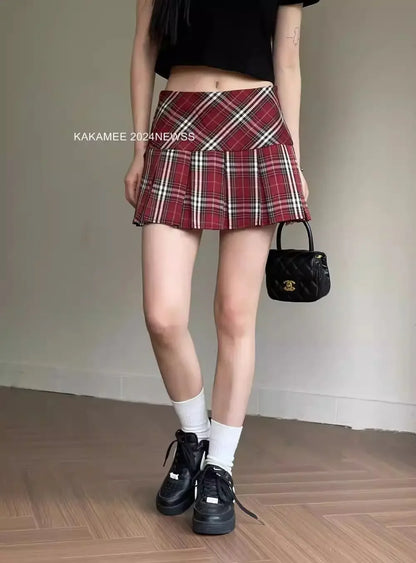 Women's High Waist Slim College Style A-shaped Anti-exposure Plaid Pleated Jk Skirt