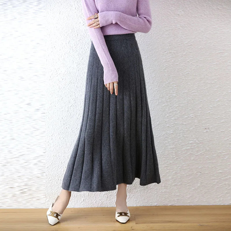 High-end 2022 Autumn/Winter New 100% Pure Wool Women's Thick Warm Elegant Pleated Skirt Fashion A Line Knitted Skirt 4 Colors