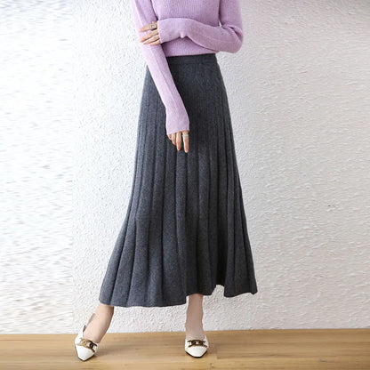 High-end 2022 Autumn/Winter New 100% Pure Wool Women's Thick Warm Elegant Pleated Skirt Fashion A Line Knitted Skirt 4 Colors