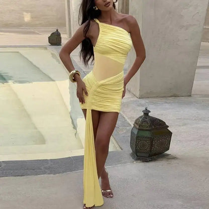Avrilyaan Mesh Patchwork Backless Sexy Dress Women 2025 Nightclub Party Dress One-Shoulder Ruched Bodycon Mini Summer Dress