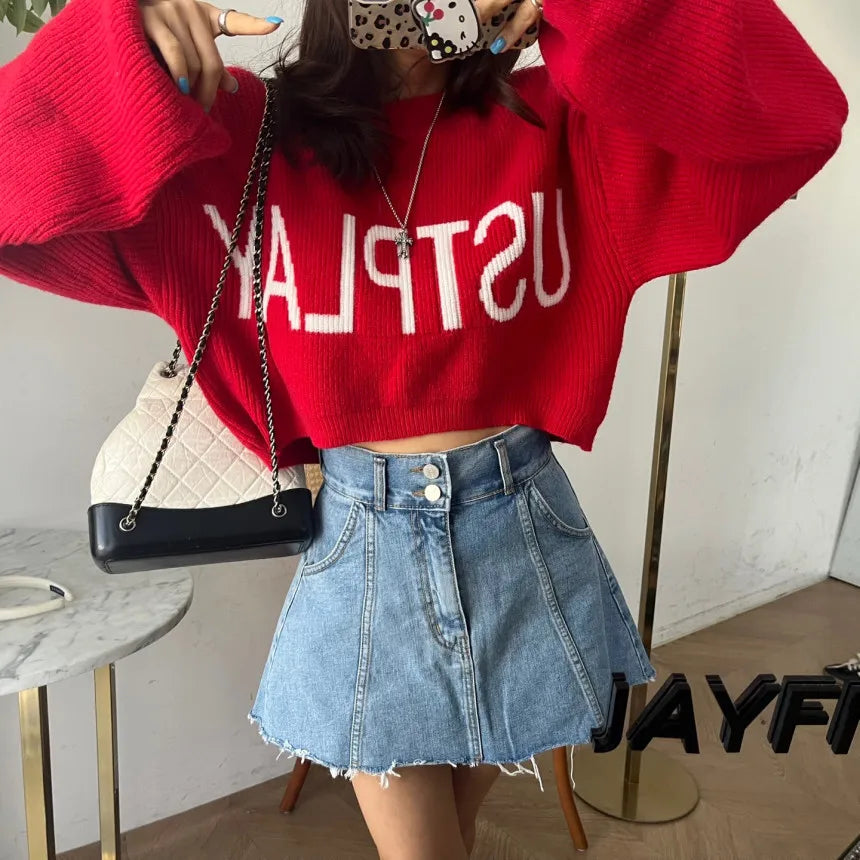 Chic High Waist A-Line  Skirt Women's Jeans ort Skirt Spring Vintage Slimming Splicing Hemming Girl's Faion Commute