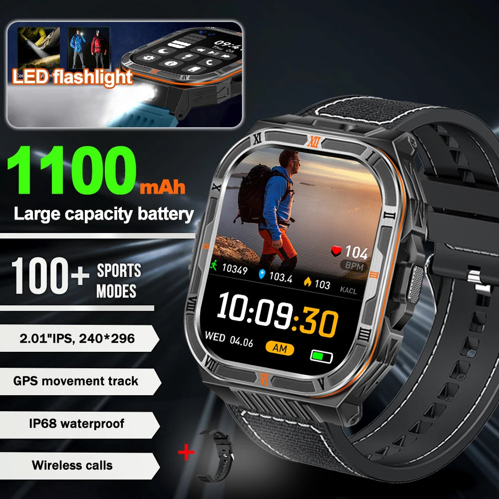 New 1100mAh Big Battery Smart Watch Men Outdoor Compass Bluetooth Call IP68 Waterproof Sports 2.01 Inch Flashlight Smart Watch