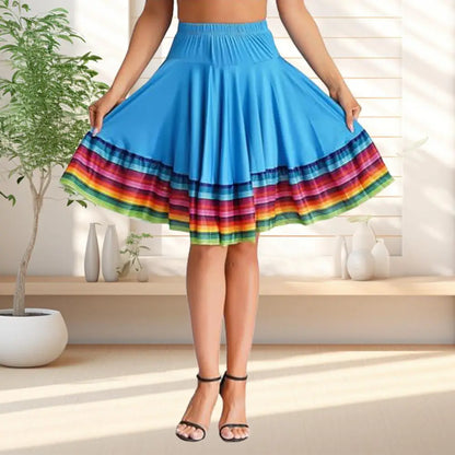Midi Skirt Ladies Folk Dance Skirt Elastic High Waist Spanish Swing Skirt Rainbow Large Swing Hem Mexican Flamenco Dance Skirts