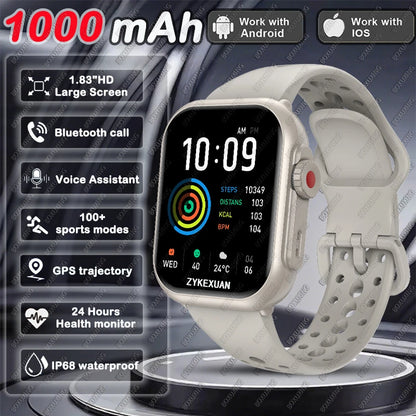1000 mAh Smart Watch Men Women 1.85-Inch AMOLED GPS 100+Sports Mode Watches Heart Rate Bluetooth Call IP68 Waterproof Smartwatch